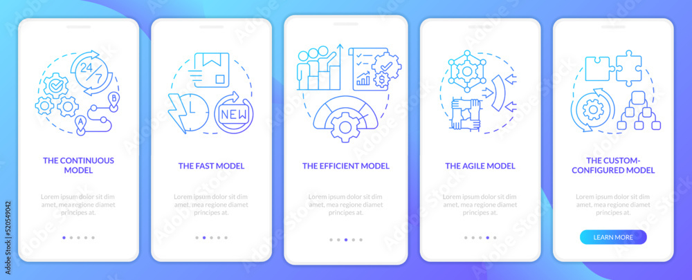 Supply chain models blue gradient onboarding mobile app screen. Industry walkthrough 5 steps graphic instructions with linear concepts. UI, UX, GUI template. Myriad Pro-Bold, Regular fonts used Supply chain models blue gradient onboarding mobile app screen. Industry walkthrough 5 steps graphic instructions with linear concepts. UI, UX, GUI template. Myriad Pro-Bold, Regular fonts used