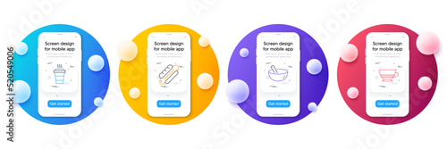 Minimal set of Hotdog, Takeaway and Cooking mix line icons for web development. Phone ui interface mockup with balls. Bombon coffee icons. Bread with sausage, Takeout coffee, Bowl. Cafe bombon. Vector