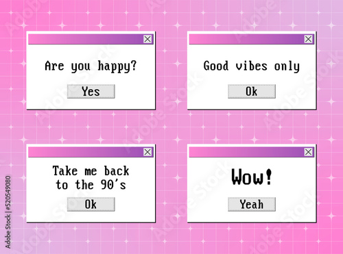 Old computer popup windows interface. Slogans for social media in y2k message windows. 90s vaporwave style with white retro stars. Abstract background in y2k aesthetic