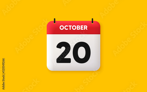 Calendar date 3d icon. 20th day of the month icon. Event schedule date. Meeting appointment time. Agenda plan, October month schedule 3d calendar and Time planner. 20th day day reminder. Vector