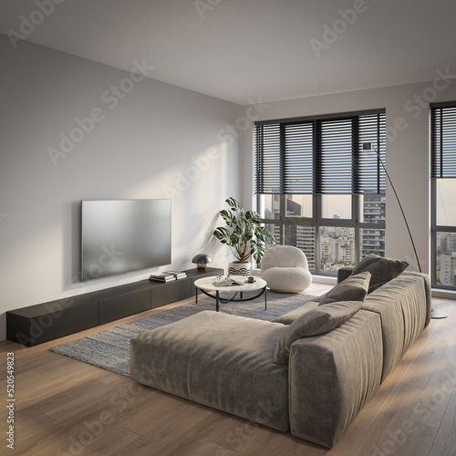modern living room in a restrained style with TV cabinet, sofa, armchair, coffee table and floor lamp , 3d render