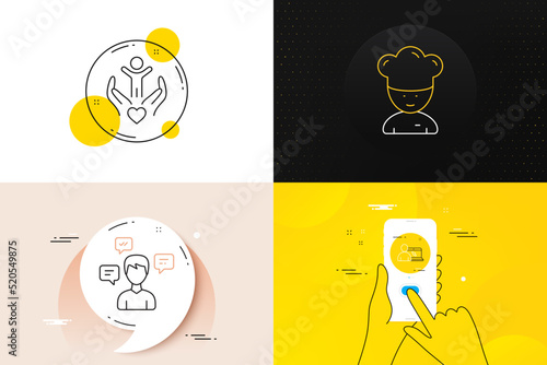 Minimal set of Online education, Conversation messages and Cooking chef line icons. Phone screen, Quote banners. Volunteer icons. For web development. Vector