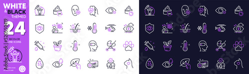 Medical syringe, Leaves and Stress line icons for website, printing. Collection of Weariness, Dog paw, Myopia icons. Baby carriage, Serum oil, Low thermometer web elements. Uv protection. Vector