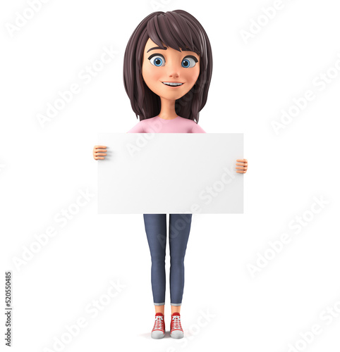 Girl cartoon character in a pink t-shirt isolated on a white background holding a blank board. 3d rendering illustration.