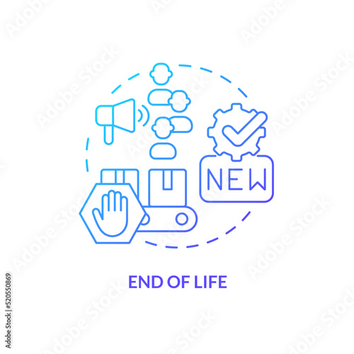 End of life blue gradient concept icon. Replacement by new goods. Stage of product lifecycle abstract idea thin line illustration. Isolated outline drawing. Myriad Pro-Bold font used