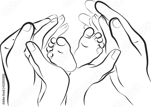 Line sketch of children's legs in the hands of mother and father; The concept of happy family motherhood; Hand drawn illustration.