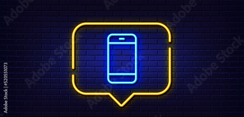 Neon light speech bubble. Smartphone icon. Cellphone or Phone sign. Ð¡ommunication Mobile device symbol. Neon light background. Smartphone glow line. Brick wall banner. Vector