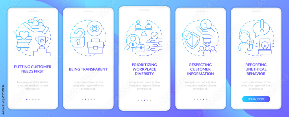 Ethical behavior in customer service blue gradient onboarding mobile app screen. Walkthrough 5 steps graphic instruction with linear concepts. UI, UX, GUI template. Myriad Pro-Bold, Regular fonts used