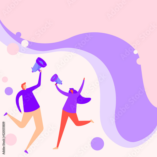 Women with megaphones and pink background - the concept of announcements, protests, activism
