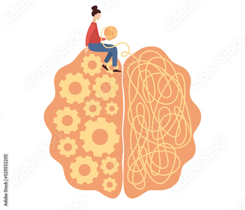 Psychology concept. Woman untangles thoughts. Psychologist online. Psychotherapy practice, psychological help, psychiatrist. Vector flat illustration 