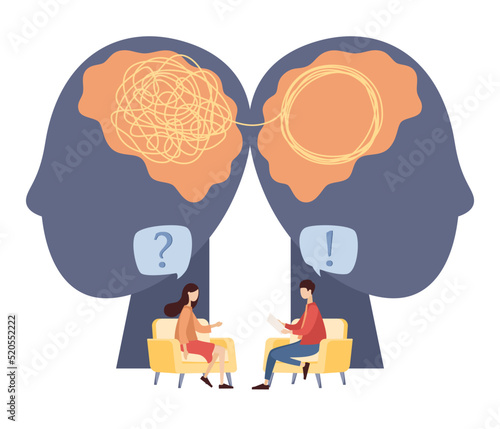 Psychology. Psychologist consulting patient. Psychotherapy practice, psychological help, psychiatrist. Vector flat illustration 
