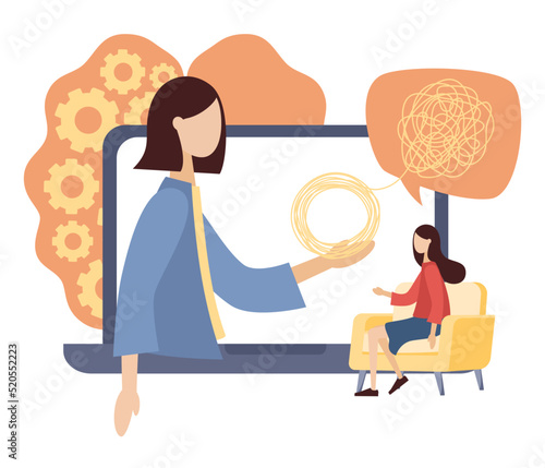 Psychology concept. Psychologist consulting patient online. Psychotherapy practice, psychological help, psychiatrist. Vector flat illustration 