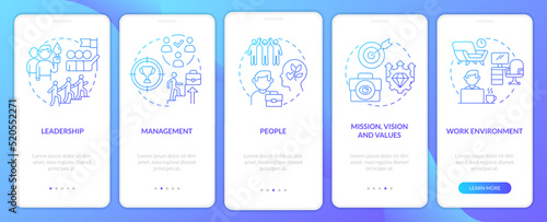 Factors influencing organizational culture blue gradient onboarding mobile app screen. Walkthrough 5 steps instructions with linear concepts. UI, UX, GUI template. Myriad Pro-Bold, Regular fonts used