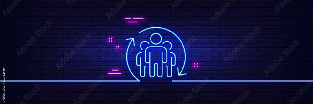 Neon light glow effect. Teamwork line icon. Employees rotation sign. Core value symbol. 3d line neon glow icon. Brick wall banner. Teamwork outline. Vector Neon light glow effect. Teamwork line icon. Employees rotation sign. Core value symbol. 3d line neon glow icon. Brick wall banner. Teamwork outline. Vector