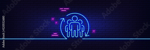 Neon light glow effect. Teamwork line icon. Employees rotation sign. Core value symbol. 3d line neon glow icon. Brick wall banner. Teamwork outline. Vector