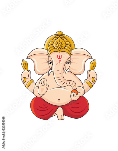 Happy Ganesh Chaturthi and Diwali graphic resource. Lord Ganesha ji, ganapati, ganesha, vinayaka, Ganpati. Sitting pose four arms in Saffron red clothes. Traditional India Festival Vector illustration
