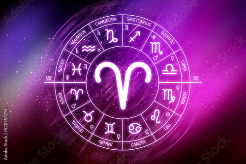 Aries zodiac sign. Aries icon on blue space background. Zodiac circle on a dark blue background of the space