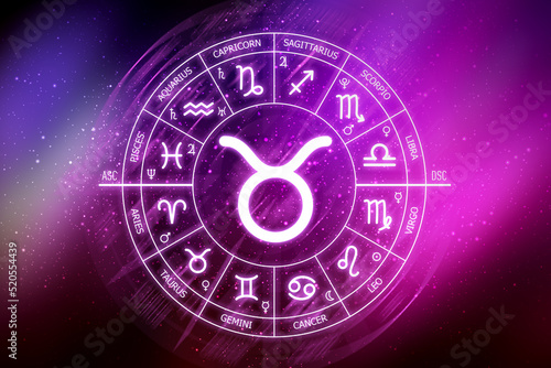 Taurus zodiac sign.Taurus icon on blue space background. Zodiac circle on a dark blue background of the space