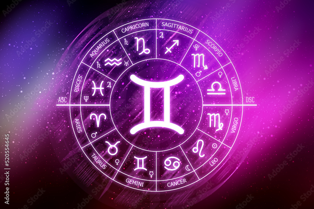 Gemini zodiac sign. Gemini icon on blue space background. Zodiac circle on a dark blue background of the space Gemini zodiac sign. Gemini icon on blue space background. Zodiac circle on a dark blue background of the space
