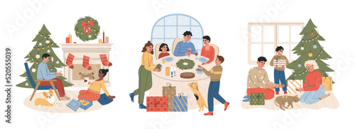 Christmas set of families with kids celebrate at home. Happy people near the xmas tree, at the feast table, give gifts. Hand drawn vector illustration isolated on white background. Flat cartoon style.