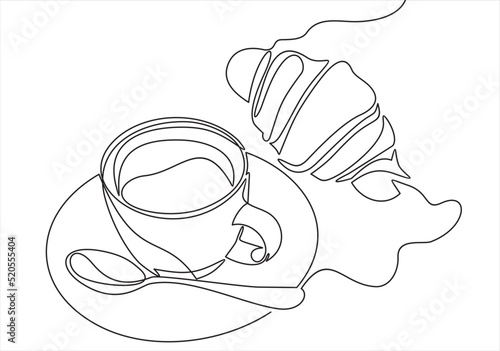 breakfast with croissant and coffee drawn in one line style.