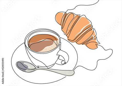 breakfast with croissant and coffee drawn in one line style.