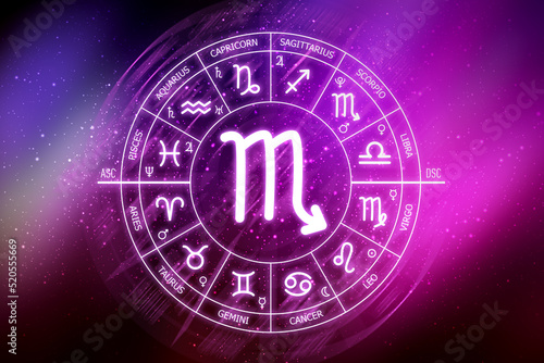 Scorpio zodiac sign. Scorpio icon on blue space background. Zodiac circle on a dark blue background of the space