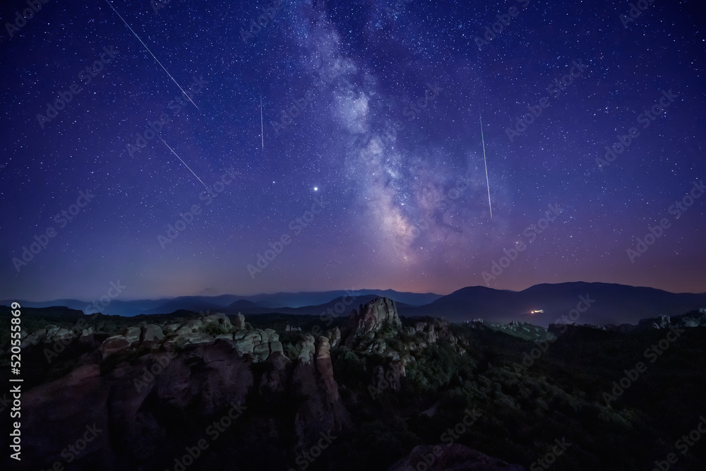 Milky Way and the Perseids. Long time exposure night landscape with