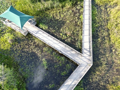 фотографія Aerial top view of a wooden trail with handrails in a green landscape on a sunny