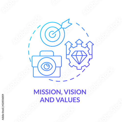 Mission, vision and values blue gradient concept icon. Factor that affect workplace culture abstract idea thin line illustration. Core principles. Isolated outline drawing. Myriad Pro-Bold font used