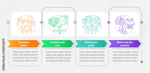 Energy efficiency at home rectangle infographic template. Data visualization with 4 steps. Editable timeline info chart. Workflow layout with line icons. Myriad Pro-Bold, Regular font used
