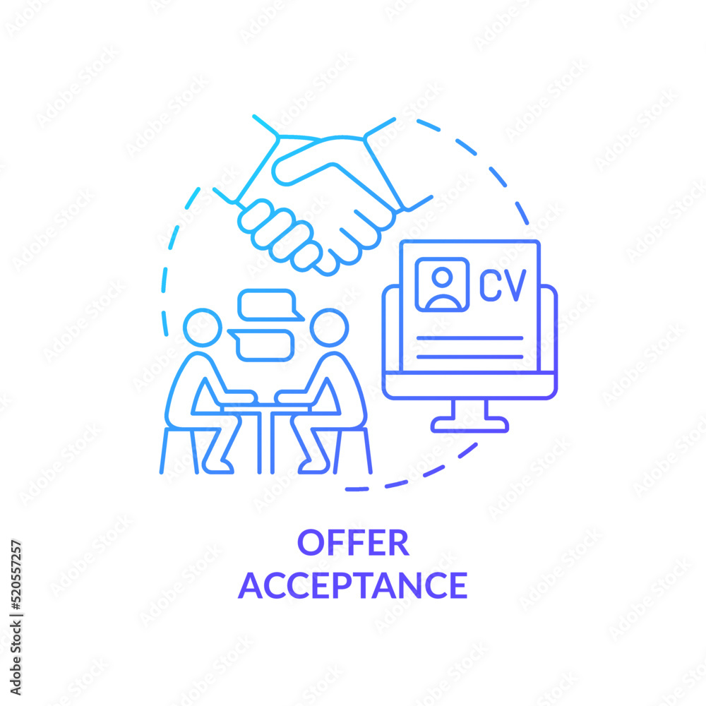 Offer acceptance blue gradient concept icon. Review details with candidate. Onboarding process abstract idea thin line illustration. Isolated outline drawing. Myriad Pro-Bold font used Offer acceptance blue gradient concept icon. Review details with candidate. Onboarding process abstract idea thin line illustration. Isolated outline drawing. Myriad Pro-Bold font used