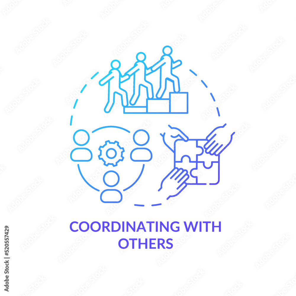Coordinating with others blue gradient concept icon. New team member. Socialization. Onboarding process abstract idea thin line illustration. Isolated outline drawing. Myriad Pro-Bold font used Coordinating with others blue gradient concept icon. New team member. Socialization. Onboarding process abstract idea thin line illustration. Isolated outline drawing. Myriad Pro-Bold font used
