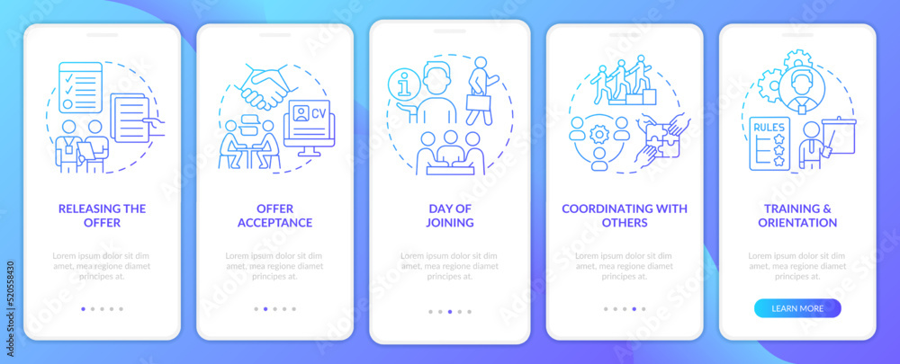 Team joining process blue gradient onboarding mobile app screen. Employment walkthrough 5 steps graphic instructions with linear concepts. UI, UX, GUI template. Myriad Pro-Bold, Regular fonts used