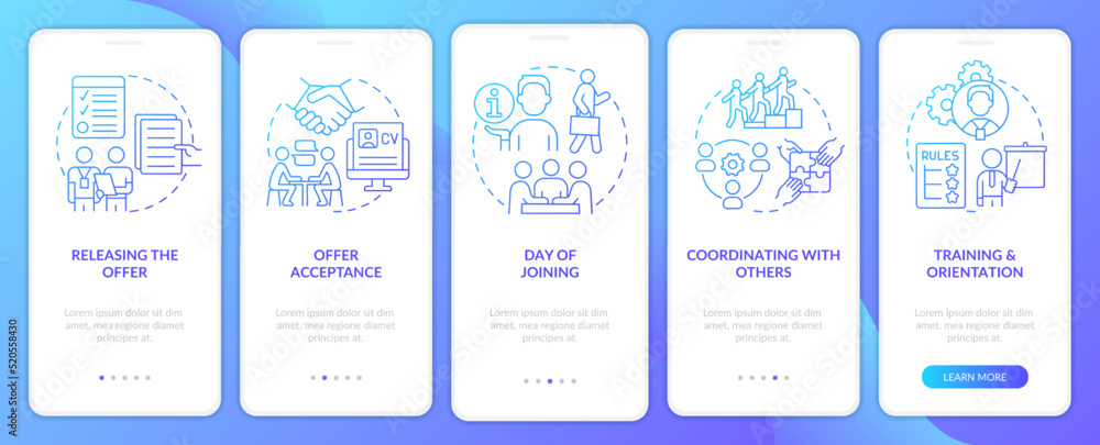 Team joining process blue gradient onboarding mobile app screen. Employment walkthrough 5 steps graphic instructions with linear concepts. UI, UX, GUI template. Myriad Pro-Bold, Regular fonts used Team joining process blue gradient onboarding mobile app screen. Employment walkthrough 5 steps graphic instructions with linear concepts. UI, UX, GUI template. Myriad Pro-Bold, Regular fonts used