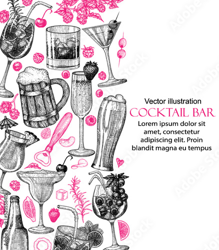 Vector template of cold drinks banner in engraving style. Graphic linear aperol spritz, mojito, strawberry champagne, berry cocktail, beer, martini, iced whiskey, cherry margarita, pina colada