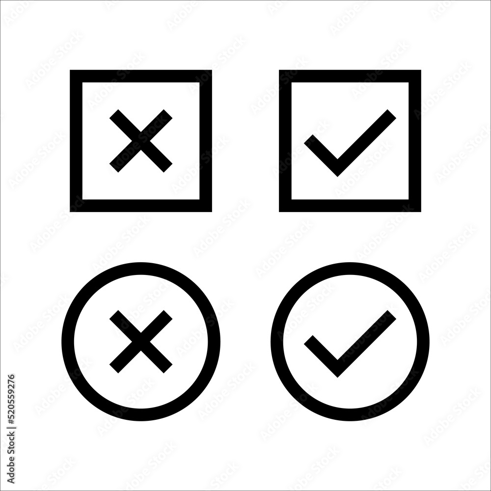 Check mark and cross or x icon in flat style on white background Check mark and cross or x icon in flat style on white background