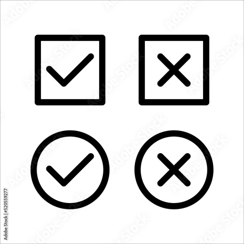 Check mark and cross or x icon in flat style on white background