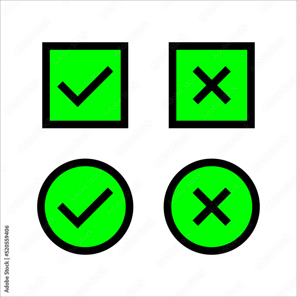 Check mark and cross or x icon in flat style on white background Check mark and cross or x icon in flat style on white background