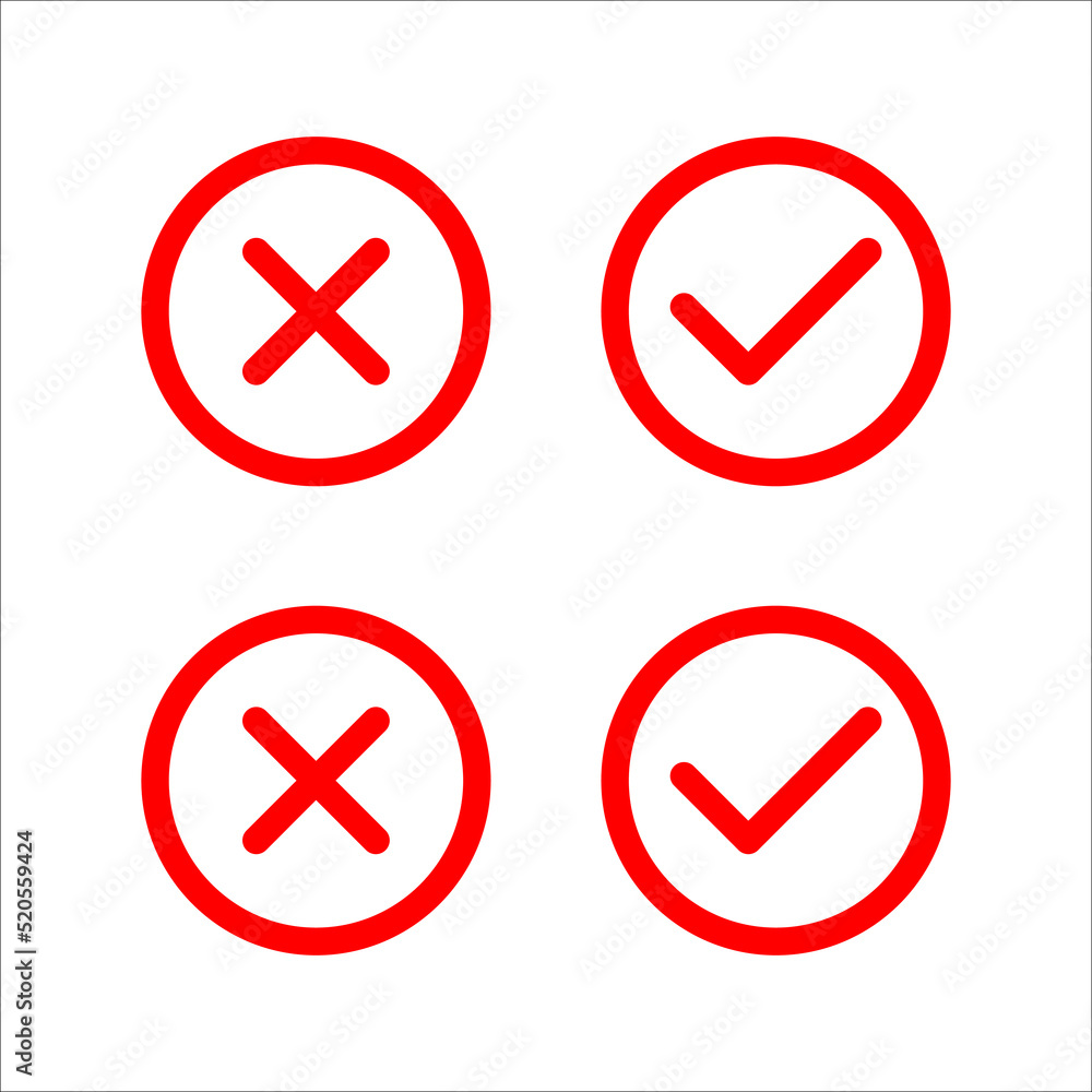 Check mark and cross or x icon in flat style on white background Check mark and cross or x icon in flat style on white background