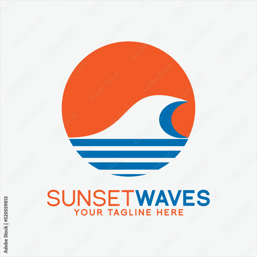 Waves and blue Vector abstract logo on sunset illustration background.
