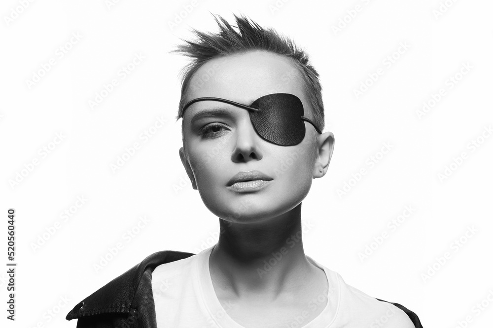 beautiful woman with eye patch and short hair. black and white portrait of beauty young woman beautiful woman with eye patch and short hair. black and white portrait of beauty young woman