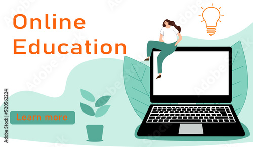 E-learning, online education, online course concept, home school,  distance learning, new normal, vector flat illustration