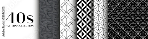 40's Collection of seamless patterns | Set of Art Deco vector graphics in retro vintage style for apparel | Flyer. Poster, banner elements	