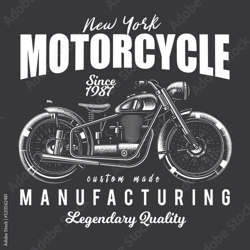 Original monochrome vector illustration in retro style. American motorcycle custom made.