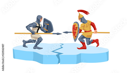 A Novgorod fighter and a Teutonic knight on ice floe. Ice battle on Lake Peipsi. Color vector illustration isolated on a white background in a cartoon and flat design.