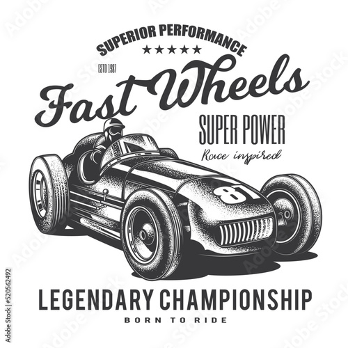 Original vector illustration in vintage style. An old vintage racing car on a white background. T-shirt design, stickers, print.
