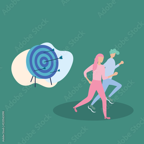 vector illustrations background two couples avoid the set target and run in the opposite direction. vector illustrations background shown target not achieved
