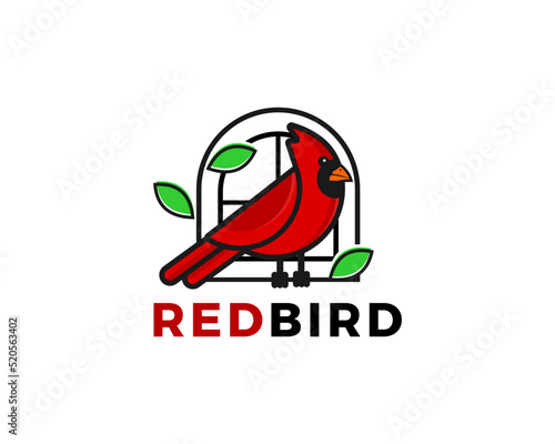 Принти на полотні Logo design with a red bird perched near window with green leaves