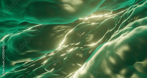 Abstract green velvet background with sparkling lines on wavy surface 3D rendering